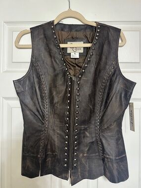 REEK Brown Distressed Leather Stud Zip Vest